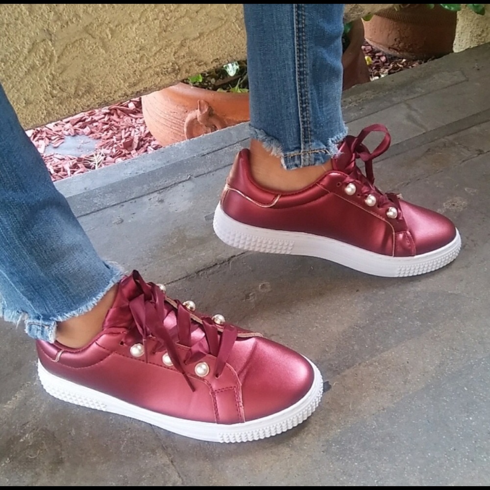 Satin Burgundy Pearl Eyelet Lace Up Sneakers